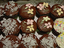 Chocolate with marshmellow flowers and coconut.