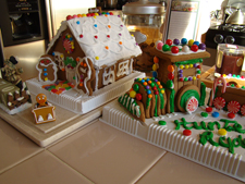 Train and gingerbread house.