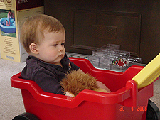 Even with his lion for security, he's a little concerned about daddy's driving.
