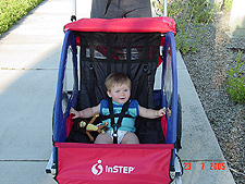 Hunter ready to try his new stroller/bike trailer.