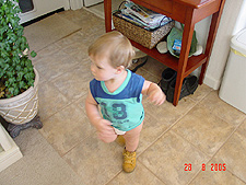 Hunter still running around with his boots on.