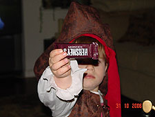 Showing off a Hershey bar.